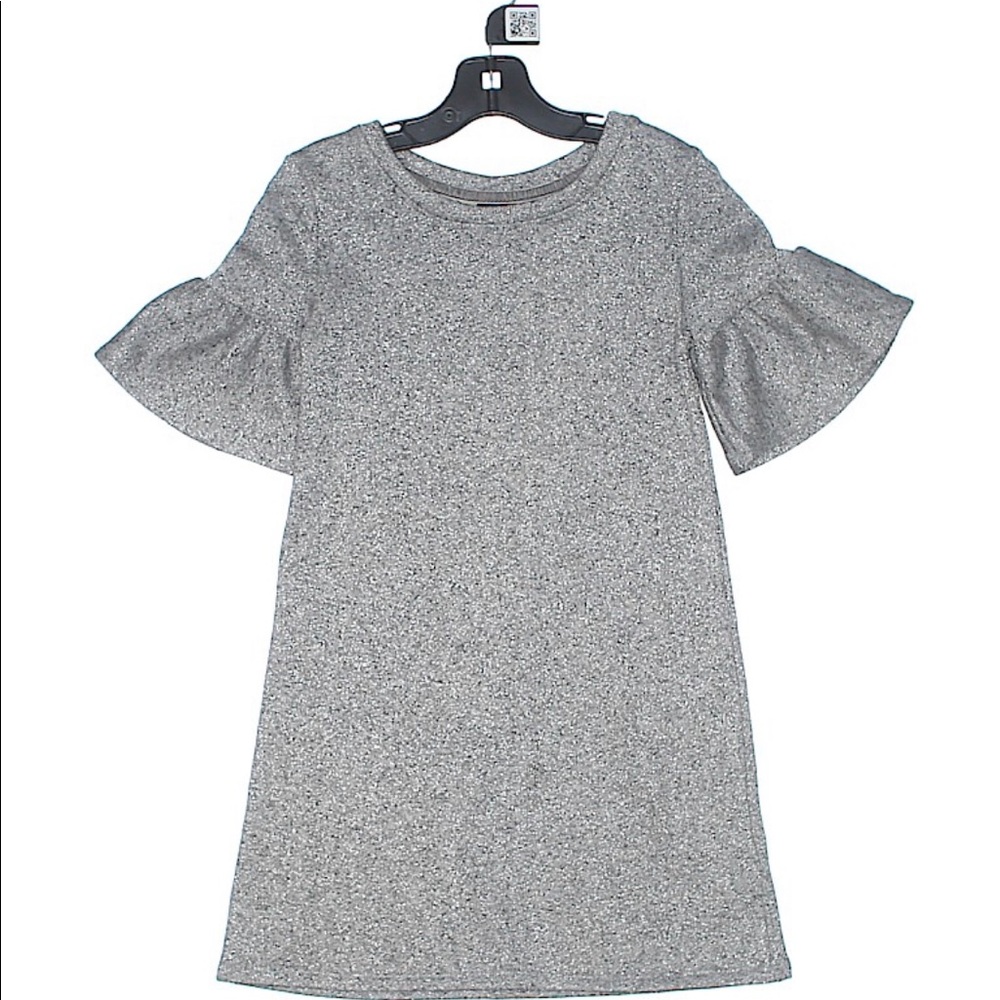 Girls Metallic Silver Ruffle Sleeve Dress